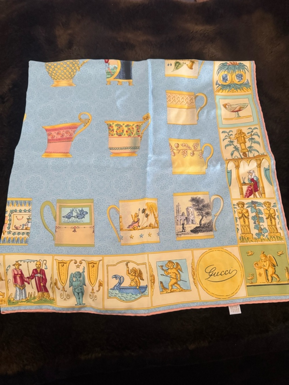 Gucci Light Blue & Yellow Tea Cup Motif Silk Scarf
